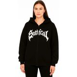 Demir Grup cc Oversize Kapüşonlu Sweatshirt Hoodie 3 Iplik Şardonlu Pamuklu Kumaş, Önü Baskılı, Fermuarlı Rahat Kalıp, Kışlık ve Sokak Stili Sweat - Siyah - L