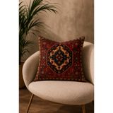 Demirelli Dekoratif Kırlent Kılıfı Kırmızı Etnik Anadolu Vintage Halı Desenli Bohem Dijital Baskılı Salon Kırlenti