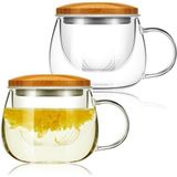 Demlik ve Kapaklı 2'li Cam Çay Bardağı Seti 12 Oz Şeffaf Cam Kupalar Kalınlaştırılmış Cam