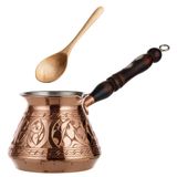 DEMMEX En Kalın Bakır Türk Yunan Arapça Cezve, Ocak Üstü Kahve Makinesi, Ahşap Saplı ve Tahta Kaşıklı Cezve Ibrik Briki, El Oyması (Bakır, 9 fl Oz)