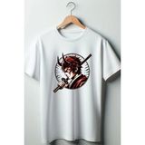 Demon Slayer Baskılı Beyaz Oversize Bisiklet Yaka Tshirt - XL