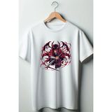 Demon Slayer Baskılı Beyaz Oversize Bisiklet Yaka Tshirt