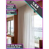 Demor Home Ağır Gramajlı 1/3 Sık Pile Bambu Tül Perde Modern Tasarım Kullanıma Hazır - Beyaz - 250 x 270 cm