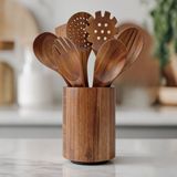 Demy Craft Curve Akasya Ahşap 8 Parça Döner Standlı Mutfak Seti | Kaşıklık Spatula Kepçe Organizer
