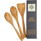Demy Craft El Yapımı Zeytin Ağacı Mutfak Seti – 3 Parça Doğal Ahşap Kaşık ve Spatula Seti | 30 cm