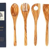 Demy Craft Zeytin Ağacı El Yapımı 4 Parça Mutfak Seti, Ahşap Kaşık, Çatal, Spatula, Delikli Spatula 30 cm.