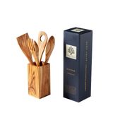 Demy Craft Zeytin Ağacı El Yapımı 5 Parça Mutfak Seti, Ahşap Kutu, Kaşık, Çatal, Spatula, Delikli Spatula, 30 cm.