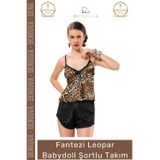 Denguva #Babydoll Şık Dantel Detaylı Kaliteli Rahat Kadın Gecelik Pijama Takımı Leopar Babydoll Şortlu Takım