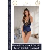 Denguva Dantelli Sabahlık Gecelik Takım 2'li SetYeni Sezon Rahat Zarif Kadın Büyüleyici Lacivert