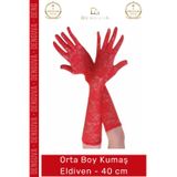 Denguva #Eldiven Kırmızı Likralı Saten Dantelli Zarif Şık Davet Parti Kostüm Sahne 40cm Orta Boy Kumaş Eldiv