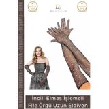 Denguva #Eldiven Siyah İncili Elmas İşlemeli 45 cm Likralı Abiye Kostüm Şık Aksesuar File Örgü Uzun Eldiven