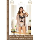 Denguva #Gecelik Dantelli Kadife Vizon Lüks Şık Büstiyer Şort Çeyizlik Sabahlık Gecelik Takım 3'lü Set
