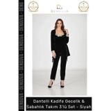 Denguva #Gecelik Kadife Siyah Lüks Esnek Likralı Şık Kadın Çeyizlik Sabahlık Gecelik Takım 3'lü Set
