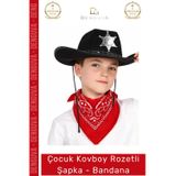 Denguva #Kostüm Çocuk Kovboy Şapka Sheriff Yıldız Rozet Kostüm Aksesuar Set Rozetli Siyah Kırmızı Bandana