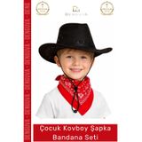 Denguva #Kostüm Çocuk Kovboy Şapkası Western Kostüm Aksesuarı Kırmızı Fular Siyah Kırmızı Bandana Seti