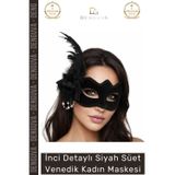 Denguva #Maske İnci Detaylı Siyah Süet Venedik Maskesi Tüy Süslemeli Şık Lüks Parti Balo Maskesi