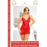 Denguva Özel Tasarım Transparan İç Gösteren Fantezi Seksi Zarif Şık Kırmızı Lcralı Dantel Gecelik
