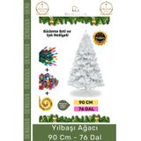 Denguva Premium Süsleme Seti Yılbaşı Beyaz Çam Ağacı Renkli Işığı Yeni Yıl Süsleri Noel Paketi 90 Cm 76 Dal