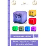 Denguva #RenkliSaat 7 Renk değiştiren Gece Lambası Termometre Takvim Işıklı Dijital Küp Alarmlı Masa Çalar S