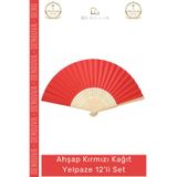 Denguva #Yelpaze Düğün Nişan Nikah Kına Gecesi Hediyelik Parti Dekor Ahşap Kırmızı Kağıt Yelpaze 12'li Set