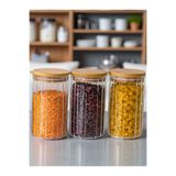 Denia Home | Borelia | 3'lü Bambu Kapaklı Büyük Boy Çizgili Baharat- Kavanoz Takımı 1000 ml.