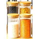 Denia Home | Borelia | 4'lü Bambu Kapaklı Jumbo Boy Çizgili Baharat- Kavanoz Takımı 1300 Ml. - Şeffaf