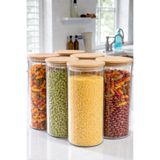 Denia Home | Borelia | 6'lı Vakumlu Bambu Kapaklı Çizgili Büyük Boy 1000 ml Kavanoz Takımı