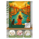 Denic Hobi Sayılarla Boyama Seti 40x50 Cm (Çıtalı) Fırça Boya Dahil Numaralı Tuval Kız ve Kedi