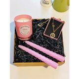 Denic Tasarım Hediye Seti-Kokulu Pembe Bardak Mum-Yaşam Agacı Kolye+Burgulu Mum