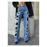DENİKK Trend Özel Tasarim Taşlı Wide Leg Baggy Jean Denim Yırtık Detay Pantolon Mavi XS