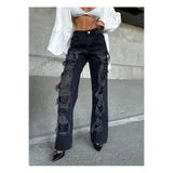 DENİKK TREND ÖZEL TASARİM WİDE LEG LEOPAR DESEN PALAZZO JEAN DENİM YIRTIK DETAY PANTOLON Gri L