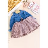 Denim Leopar Desenli Şık Özel Gün Kız Bebek Elbise
