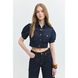 Denim Trip Regular Crop Fit Balon Kol Koyu İndigo Kadın Jean Ceket