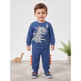 Deniva Erkek Çocuk Pamuklu Dinozor Baskılı ve 3D Sırt Detaylı 2'li Sweatshirt Eşofman Alt Üst Takım - 1 Yaş - İndigo
