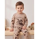 Deniva Kids Erkek Bebek Kahve Dinozor Baskılı %100 Pamuklu Uzun Kollu Alt Üst Eşofman / Pijama Takımı - 2 - 3 Yaş - Kahverengi
