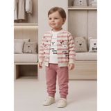 Deniva Kids Kız Bebek Ayıcık Baskılı Çizgili Ceketli 3'lü Takım Pudra Pembe - 15 - 18 Ay