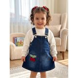 Deniva Kids Kız Bebek Kiraz Nakışlı Kot Salopet Elbise ve Sweatshirt 2'li Takım - 9 - 12 Ay - Kot Mavi