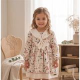 Deniva Kids Kız Çocuk Vintage Denizci Yaka Çiçekli Doğal Kumaş Uzun Kollu Elbise - Bej - 2 - 3 Yaş
