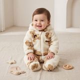 Deniva Unisex Bebek Ayıcıklı Welsoft Peluş Fermuarlı Kapüşonlu Patikli Kışlık Astronot Tulum - Bej - 6 - 9 Ay