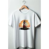 Deniz Feneri Baskılı Oversize Geniş Kalıp Unisex Bisiklet Yaka Beyaz Tshirt