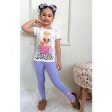 Deniz Home Wear 3 Iplik Dokuma Pamuk Kumaş Trend Baskılı T-Shirt & Dokuma Taytlı Kız Çocuk Alt Üst Takım - Mor - 3 - 4 Yaş