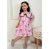 Deniz Home Wear Pamuk Kumaş Kısa Kollu Fiyonk Baskılı Bebe Yaka Kız Çocuk Bebek Elbise - Pembe - 5 - 6 Yaş