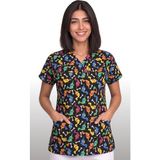 Deniz İş Kadın V Yaka Yarasa Kol Dinazor Desenli Siyah Terycotton Kumaş Doktor Hemşire Scrubs Forma Tek Üst - 4XL