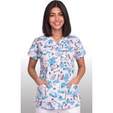 Deniz İş Kadın V Yaka Yarasa Kol Diş Desenli Beyaz Terycotton Kumaş Doktor Hemşire Scrubs Forma Tek Üst - 4XL