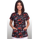 Deniz İş Kadın V Yaka Yarasa Kol Kalp Ritim Desenli Siyah Terycotton Doktor Hemşire Scrubs Forma Tek Üst - 2XL