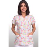 Deniz İş Kadın V Yaka Yarasa Kol Kare Desenli Beyaz Terycotton Kumaş Doktor Hemşire Scrubs Forma Tek Üst - 2XL