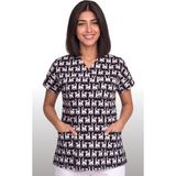 Deniz İş Kadın V Yaka Yarasa Kol Kedi Desenli Siyah Terycotton Kumaş Doktor Hemşire Scrubs Forma Tek Üst - XL