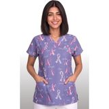 Deniz İş Kadın V Yaka Yarasa Kol Kurdele Desenli Lila Terycotton Kumaş Doktor Hemşire Scrubs Forma Tek Üst - 3XL