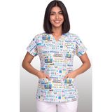 Deniz İş Kadın V Yaka Yarasa Kol Nurse Yazılı Beyaz Terycotton Kumaş Doktor Hemşire Scrubs Forma Tek Üst - 2XL