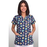 Deniz İş Kadın V Yaka Yarasa Kol Renkli Baykuş Desenli Terycotton Kumaş Doktor Hemşire Scrubs Forma Tek Üst - Çok Renkli - 2XL